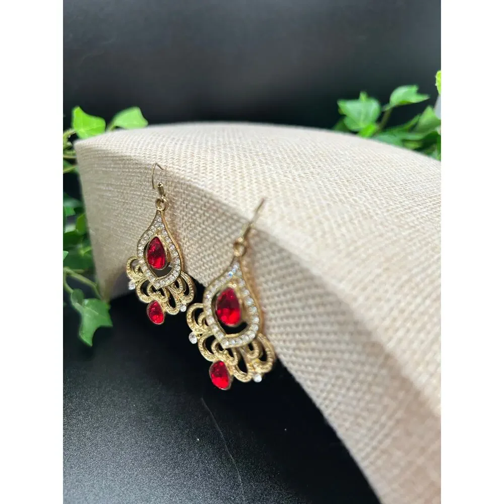 Vintage Gold Tone Red Teardrop Dangle Earrings White Rhinestone Halo Border